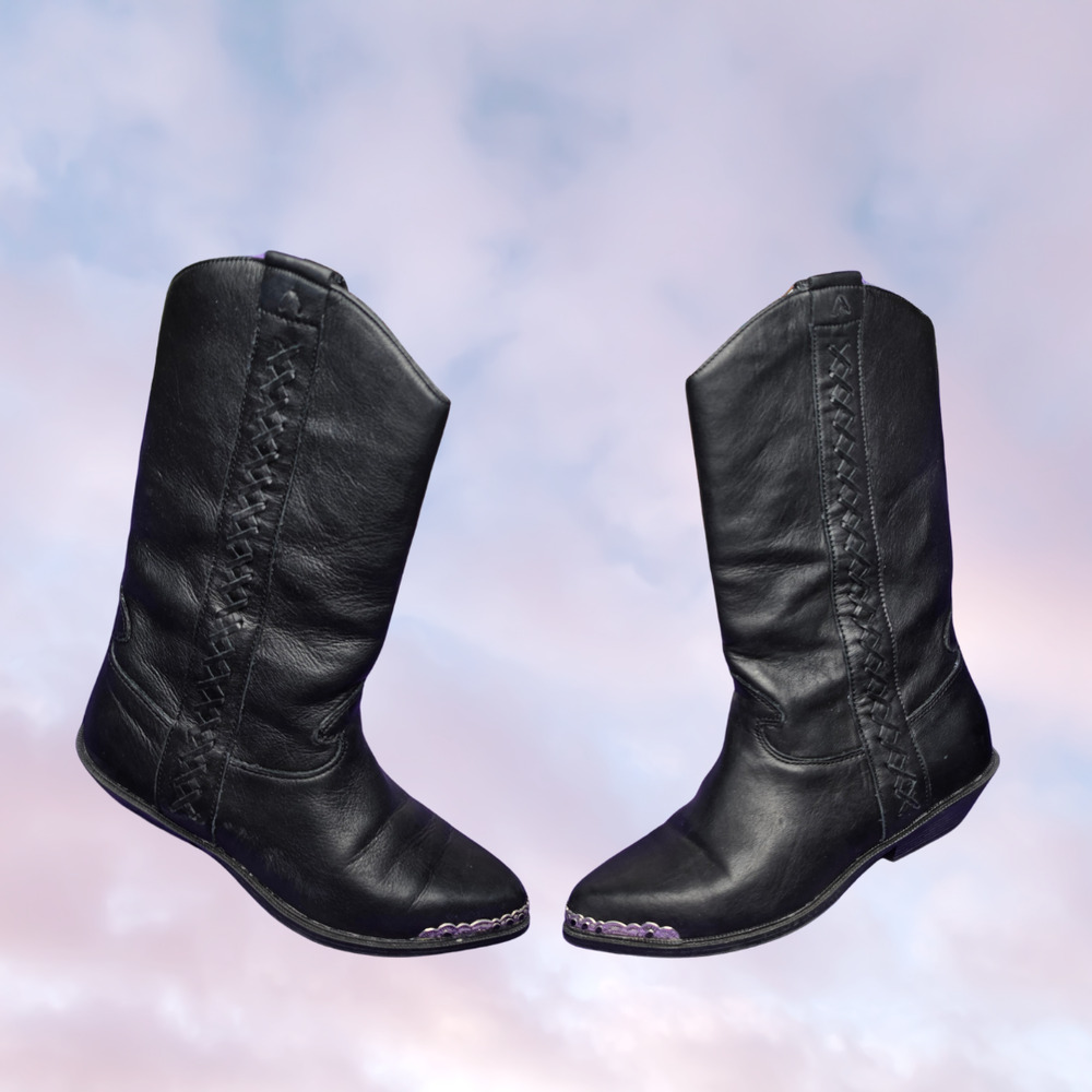 Vtg 80s Zodiac Black Leather Western Cowgirl Boots Festival Country Womens Sz 8